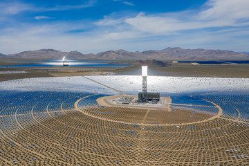 Aerial view of the solar tower of the Ivanpah Solar Electric Generating System