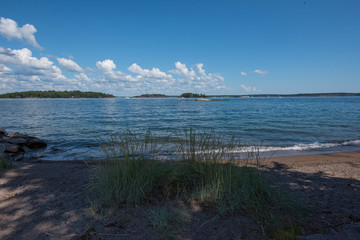 View over a bay in the archipelago of Stockholm, ferries, skerries, boats and islands