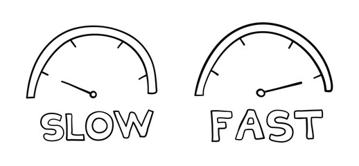 Vector hand-drawn illustration of speedometers. Slow and fast.