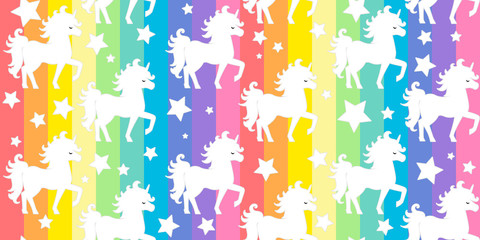 Cute white unicorns silhouette on rainbow colorful stripes seamless vector pattern background illustration