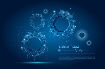 Abstract line and point gear on dark blue night sky with stars. Polygonal low poly background with connecting dots and lines. Vector illustration connection structure