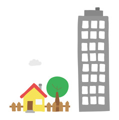 Vector hand-drawn illustration of detached house with garden, tree and tall building.