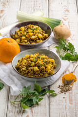 potatoes and lentils salad with turmeric fennel seed and orange grated peel