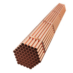 Stack of copper pipes, isolated on white background with clipping path. 3d illustration. 