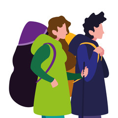 man and woman with backpack hiking traveler