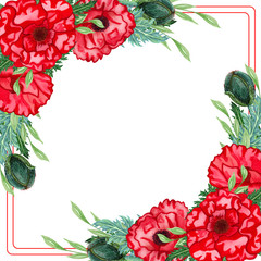 Wildflower poppy flower wreath. Watercolor background banner with red poppies and green leaves.
