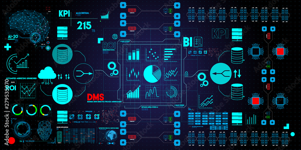 Poster Business data analytics process management with KPI financial charts and graph and automated marketing dashboard.