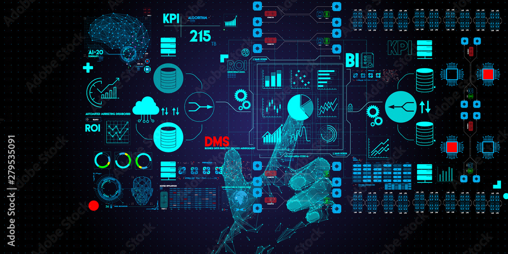 Poster Business data analytics process management with businessman hand touching connected gear cogs with KPI financial charts and graph and automated marketing dashboard.