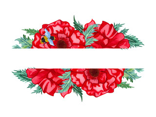 Watercolor poppy flowers. Beautiful bright bouquet with red poppies and green leaves. Banner with red poppies.