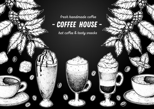 Coffee cups, beans and coffee tree illustration. Vintage design for coffee shop. Engraved vector illustration