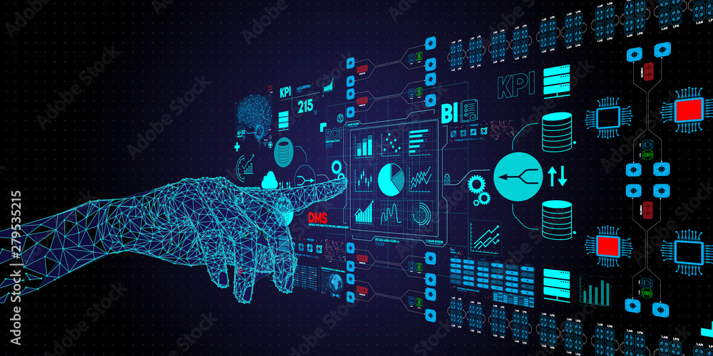 Poster Business data analytics process management with businessman hand touching connected gear cogs with KPI financial charts and graph and automated marketing dashboard.