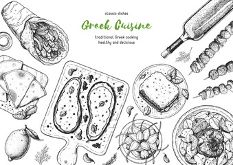Obraz premium Greek cuisine top view frame. A set of greek dishes with gyros, pita, papoutsakia, pastitsio, kleftiko, grill . Food menu design template. Vintage hand drawn sketch vector illustration. Engraved image