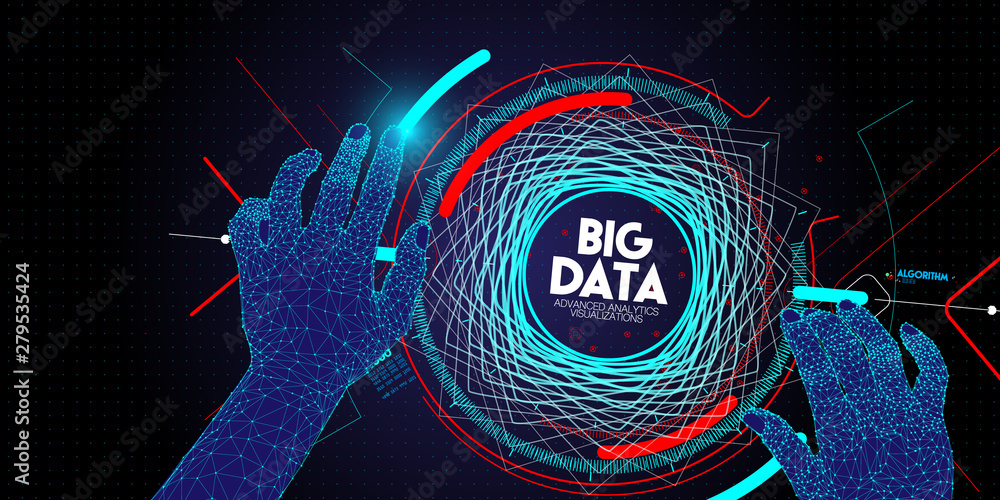 Poster Low polygon Hands touching Big data avanced technology and visualization with Fractal element with lines and dots array.