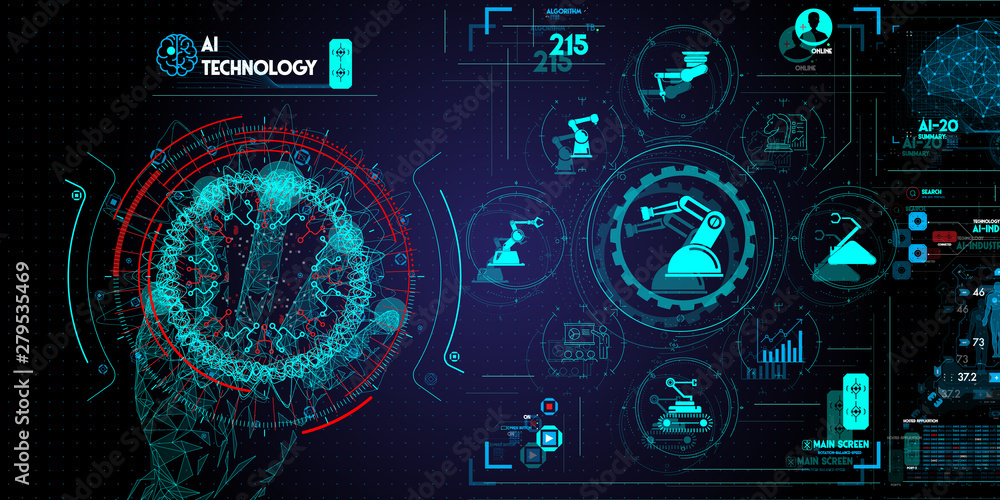 Poster Low polygon hand check and control welding robotics automatic arms icon with machine in intelligent factory automotive industrial with UI monitoring system software.