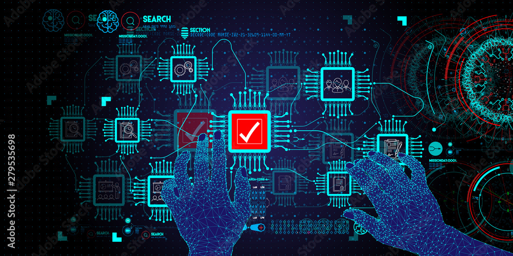 Poster Low polygon Hands touching with Data Management System (DMS) and Business Analytics concept with servers connected to dashboard.
