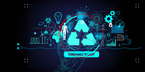 Low polygon Hand touching Sustainable development FUI with icons of renewable energy and natural resources preservation.