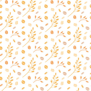 oat pattern vector. Seamless pattern with oat flakes on white background. hand drawn illustration. Spikes and grains of oats, glass with oat milk, carton box and glass jar of milk.