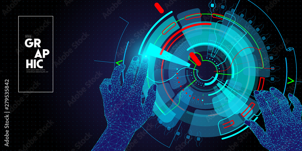 Aufkleber Low polygon Hands touching the future User Interface technology and the future of user experience.