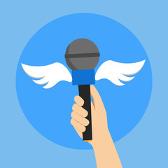 Hand holding a microphone with wings on a blue background. The concept of free journalism and the press. Vector illustration.