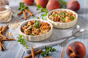 Baked oatmeal with fruit and maple syrup