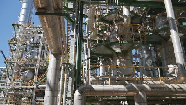 Process area structure , piping , engineering equipment in petroleum refinery plant , Video for technology and Oil and gas industrial concept