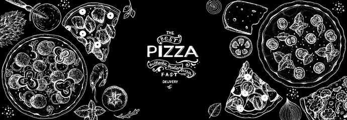 Panele Szklane  Włoska pizza i składniki rama widok z góry. Szablon projektu menu włoskie jedzenie. Vintage ręcznie rysowane szkic, ilustracji wektorowych. Grawerowana ilustracja stylu. Etykieta pizzy dla menu.