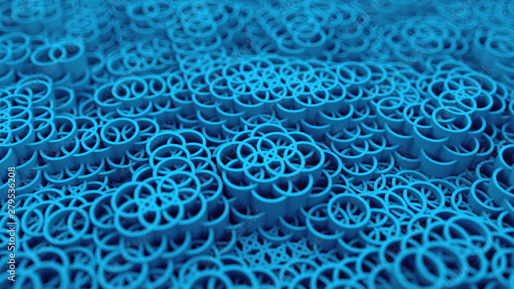 Poster background of many circles, lot of 3d intersecting cylinders, computer generated modern backdrop
