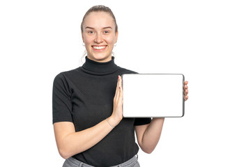 woman holds a tablet with blank surface in the camera