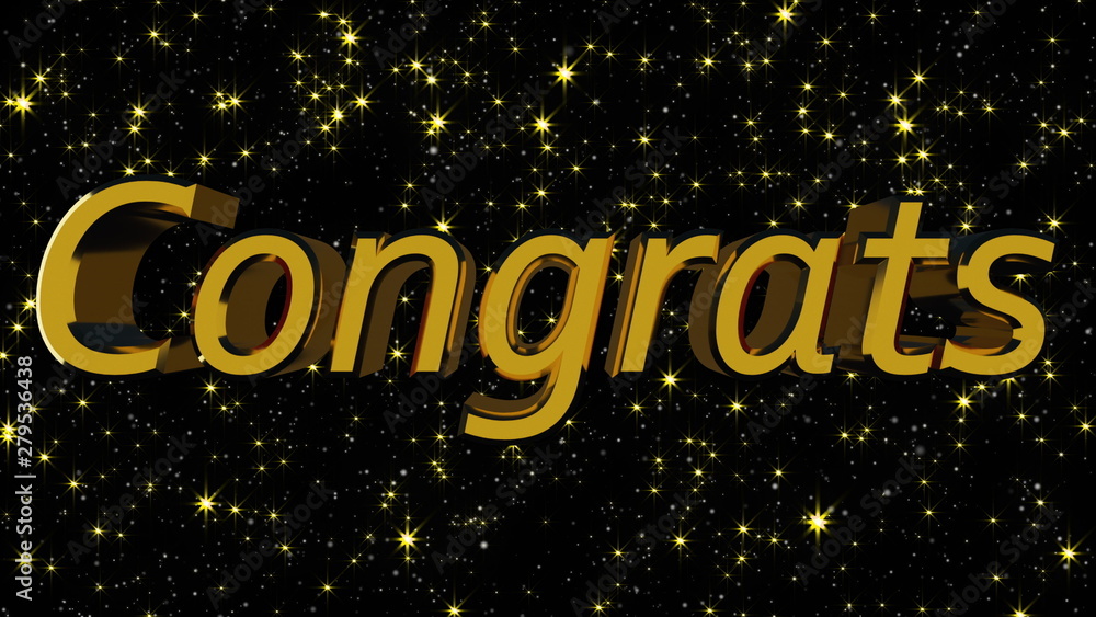 Poster golden shiny text congrats with many stars, modern background for holidays and events, 3d rendering 