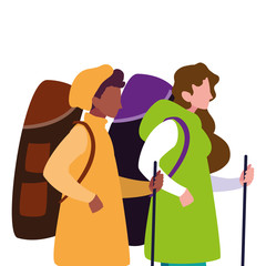 man and woman with backpack and stick hiking traveler