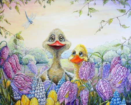 Oil paintings landscape, fine art, handmade art, goose and duckling, flowers, meadow © yaroslavartist