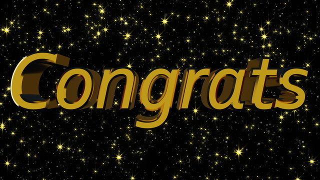 Golden shiny text Congrats with many stars, modern background for holidays and events, 3d rendering computer generated backdrop