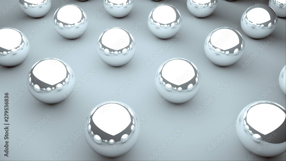 Poster many glossy balls with reflections are on surface, isometric background, modern computer generated 3
