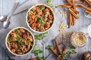 Baked oatmeal with fruit and maple syrup