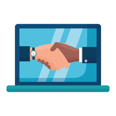 handshake people laptop computer flat design