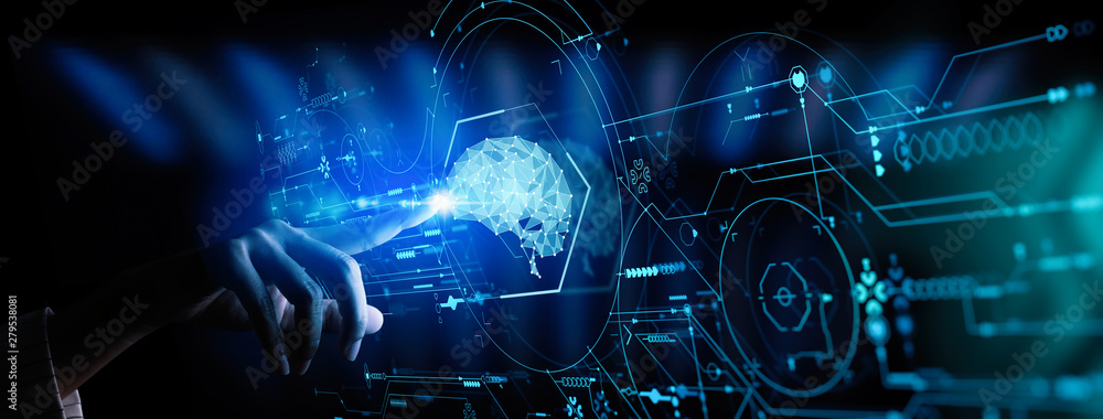 Aufkleber Artificial intelligence (AI) with machine deep learning and data mining and another modern computer technologies UI by hand touching low poly icon.