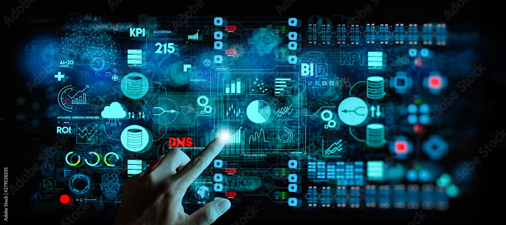Poster Business data analytics process management with businesswoman hand touching connected gear cogs with KPI financial charts and graph and automated marketing dashboard.