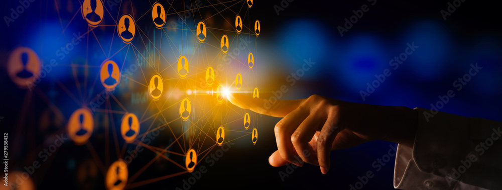 Aufkleber Business hand working global structure networking and data exchanges customer connection with new computer Ui.