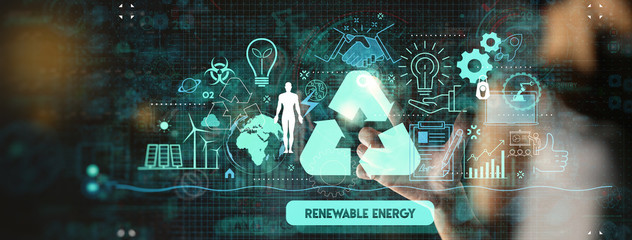 Hand touching Sustainable development FUI with icons of renewable energy and natural resources...