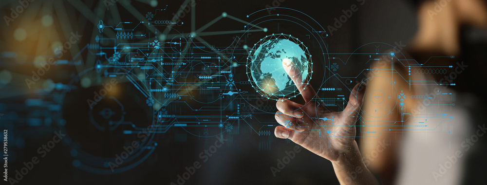 Poster businesswoman touching global network and data exchanges over the world with new technology interfac