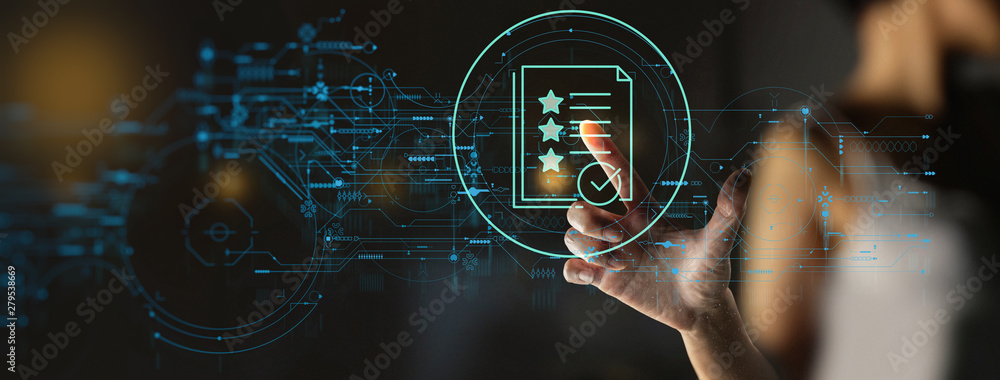 Aufkleber businesswoman hand touch icon of document management data system business internet technology concep