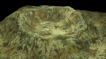 Modern 3d rendering crater with snow and green surface, this in piece of Earth, computer generated backdrop