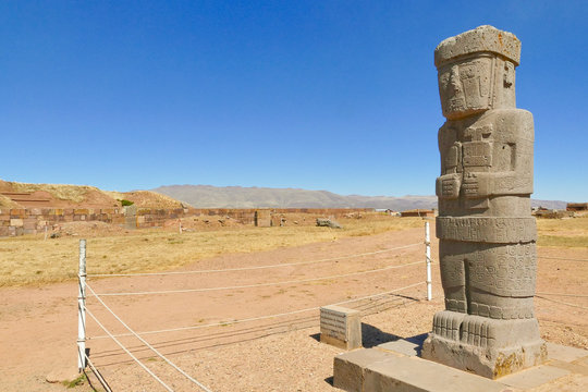 The 2000 year old archway at the Pre-Inca site of Tiwanaku near La Paz in Bolivia. Tiwanaku