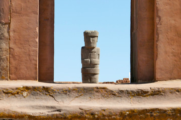 The 2000 year old archway at the Pre-Inca site of Tiwanaku near La Paz in Bolivia. Tiwanaku