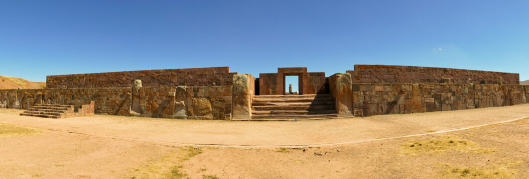 The 2000 year old archway at the Pre-Inca site of Tiwanaku near La Paz in Bolivia. Tiwanaku