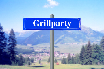 Grillparty auf blauem Schild mit Landschaft