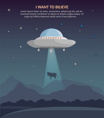 Vector UFO abducts cow illustration night sky