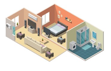 Isometric interior apartment vector illustration modern set of bathroom, kitchen, living room, bedroom.