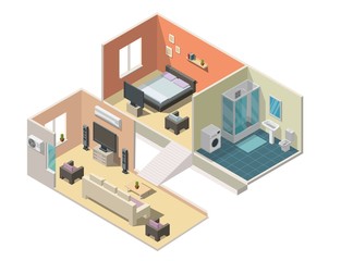 Obraz premium Isometric interior apartment vector illustration modern set of bathroom, kitchen, living room, bedroom.
