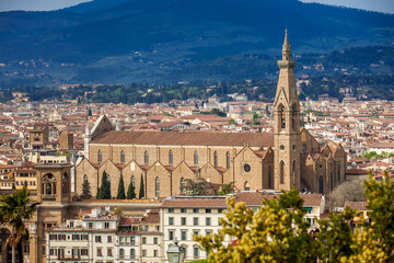 View of the beautiful Basilica di Santa Croce and the city of Florence from Michelangelo Square